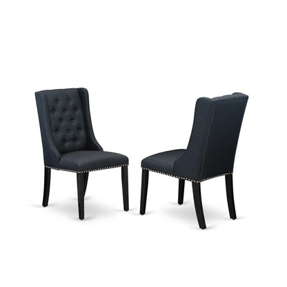 East West Furniture V727FO749-9 9-Piece Dining Room Set - 8 Black Pu Leather Parsons Chair Button Tufted with Nail heads and Dining Room Table - Distressed Jacobean Finish