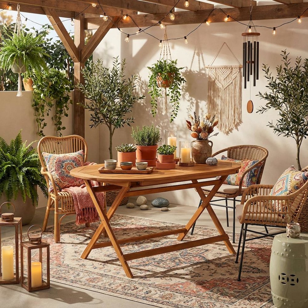 7-Piece Warm-Tone Oil Patio Dining Set with Weatherproof Wood and 6 Chairs