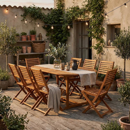 Oil-Finish Wooden Patio Set with Dining Table and 8 Outdoor Chairs