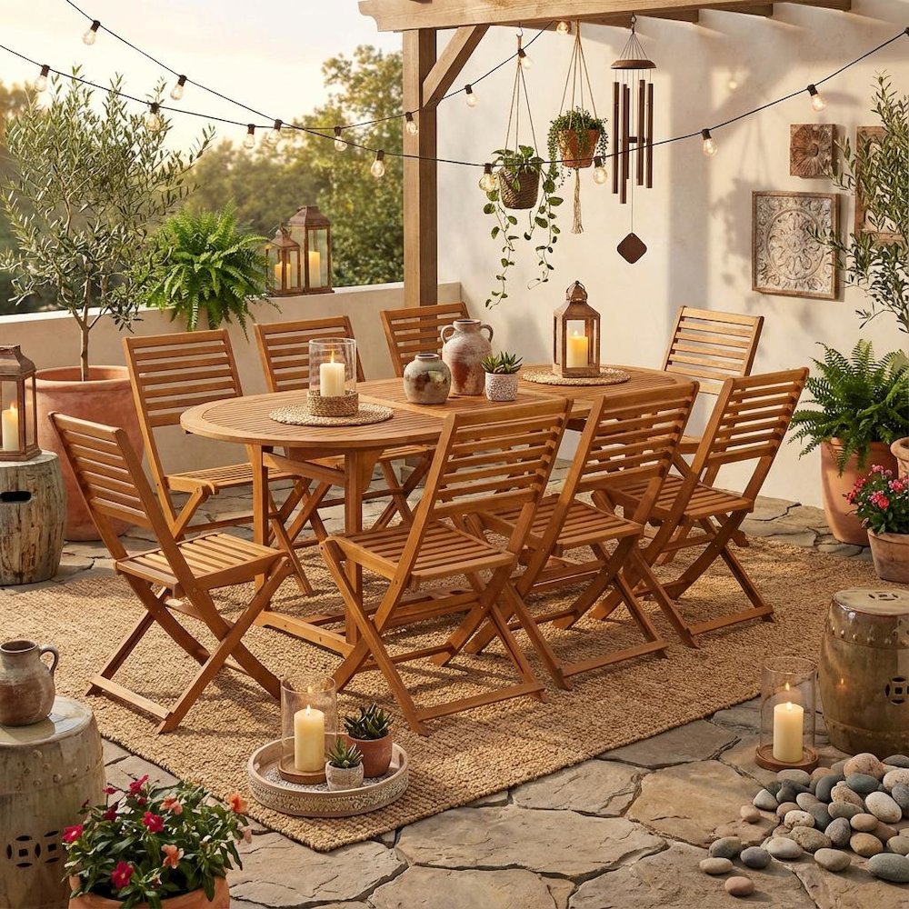Oil-Finish Wooden Patio Set with Dining Table and 8 Outdoor Chairs