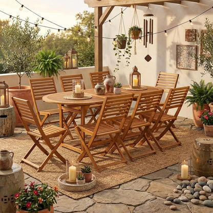 Oil-Finish Wooden Patio Set with Dining Table and 8 Outdoor Chairs