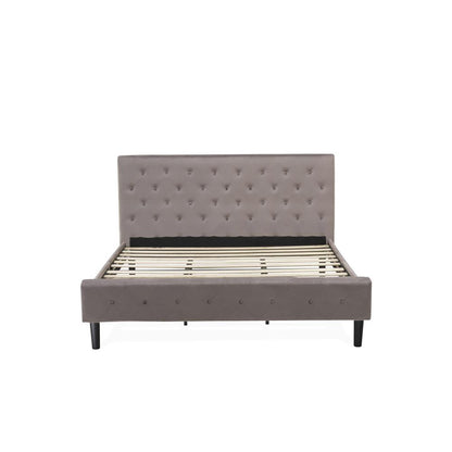 NLF-14-K Nolan Platform Bed Frame-Button Tufted Brown Taupe Velvet Fabric Upholstered Headboard & Footboard, Black Legs, King Size