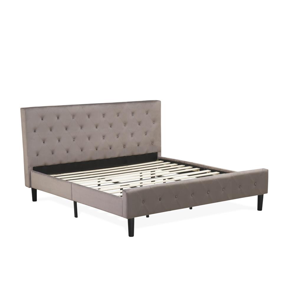NLF-14-K Nolan Platform Bed Frame-Button Tufted Brown Taupe Velvet Fabric Upholstered Headboard & Footboard, Black Legs, King Size