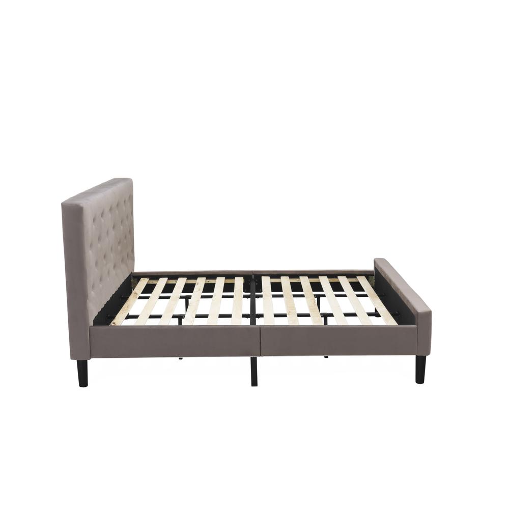 NLF-14-K Nolan Platform Bed Frame-Button Tufted Brown Taupe Velvet Fabric Upholstered Headboard & Footboard, Black Legs, King Size