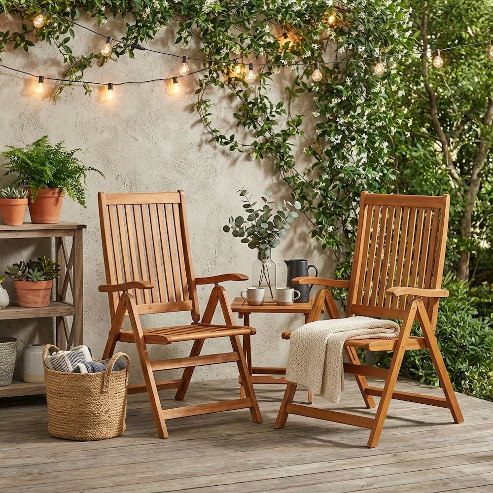Wooden Patio Chair, Oil Finish Set of 2 - Durable Frame and Comfortable Seating