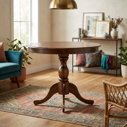 36 Inch Round Wood Dining Table in Walnut – Solid Pedestal Kitchen Table