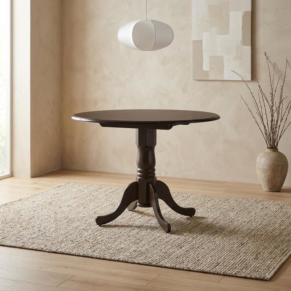 Saddle Brown Drop Leaf Round Table, Pedestal Base, Seats 4