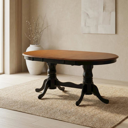 Black Oval Dining Table, Double Pedestal, Butterfly Leaf, Seats 8