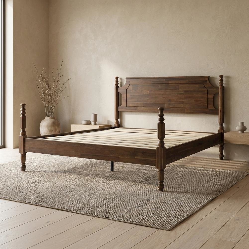 Solid Wood Platform Bed with Headboard, Traditional King Size