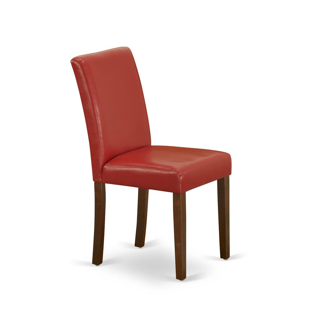 1MZAB5-MAH-72 5Pc Dining Set for 4 Includes a Dining Room Table and 4 Parsons Chairs with Firebrick Red Color PU Leather, Drop Leaf Table with Full Back Chairs, Mahogany Finish
