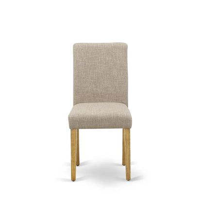 1MZAB5-OAK-04 5Pc Kitchen Table Sets Contains a Dining Room Table and 4 Parson Chairs with Light Fawn Color Linen Fabric, Drop Leaf Table with Full Back Chairs, Oak Finish