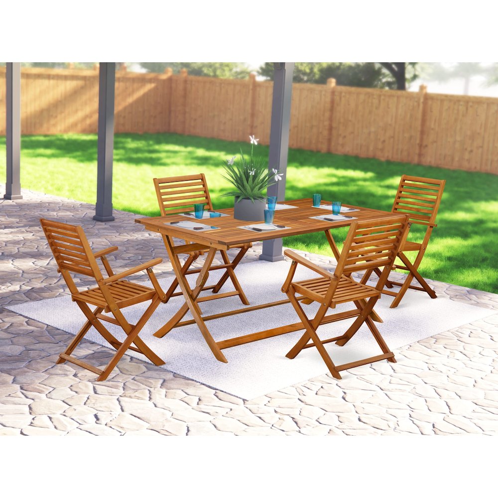 East West Furniture 5 Piece Superior Patio Dining Table Set- Ideal for The Beach, Campy, Picnics - Beautiful Bistro Table with 4 Arms Less Outdoor Folding Chairs - Natural Oil Finish