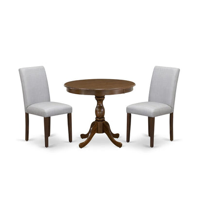 East West Furniture 3 Piece Dining Set Includes 1 Dinner Table and 2 Grey Linen Fabric Kitchen Chairs with High Back - Acacia Walnut Finish