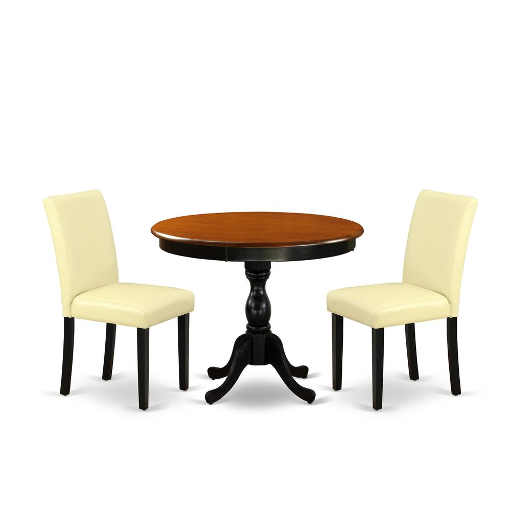 East West Furniture 3-Pc Dining Room Set Consists of a Mid Century Dining Table and 2 Eggnog PU Leather Parsons Chairs with High Back - Black Finish