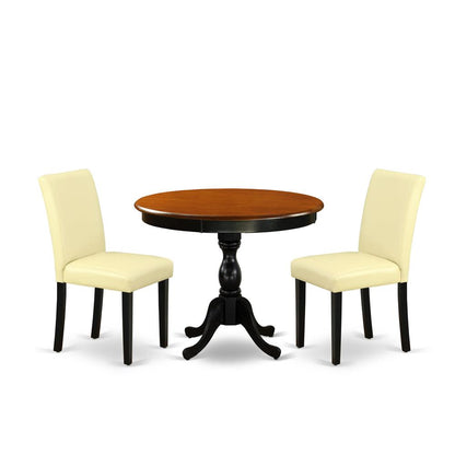 East West Furniture 3-Pc Dining Room Set Consists of a Mid Century Dining Table and 2 Eggnog PU Leather Parsons Chairs with High Back - Black Finish