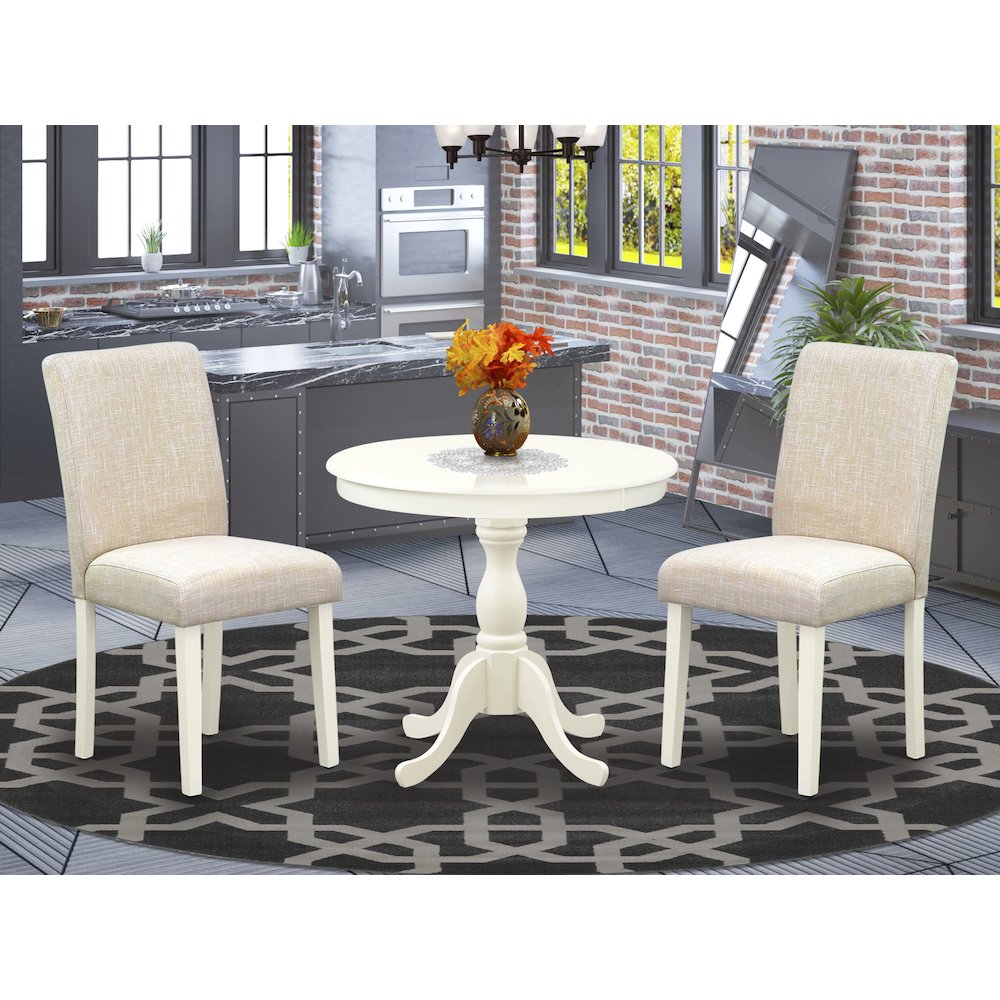 AMAB3-LWH-02 3 Pc Kitchen Table Set - 1 Pedestal Table and 2 Light Beige Parson Chairs - Linen White Finish