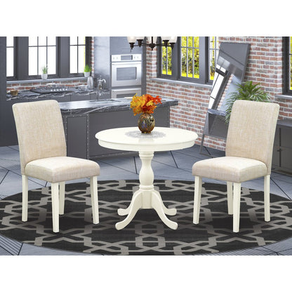 AMAB3-LWH-02 3 Pc Kitchen Table Set - 1 Pedestal Table and 2 Light Beige Parson Chairs - Linen White Finish