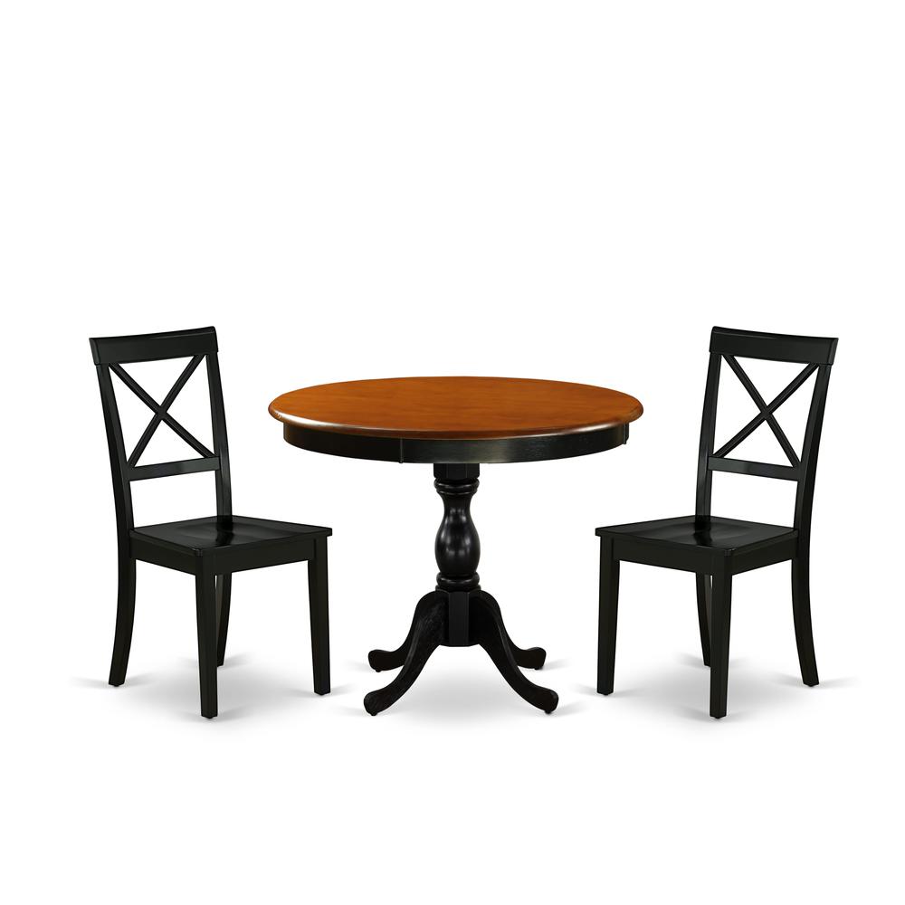 East West Furniture 3-Pc Kitchen Dining Table Set Includes a Dinner Table and 2 Wooden Dining Chairs with X-Back - Black Finish