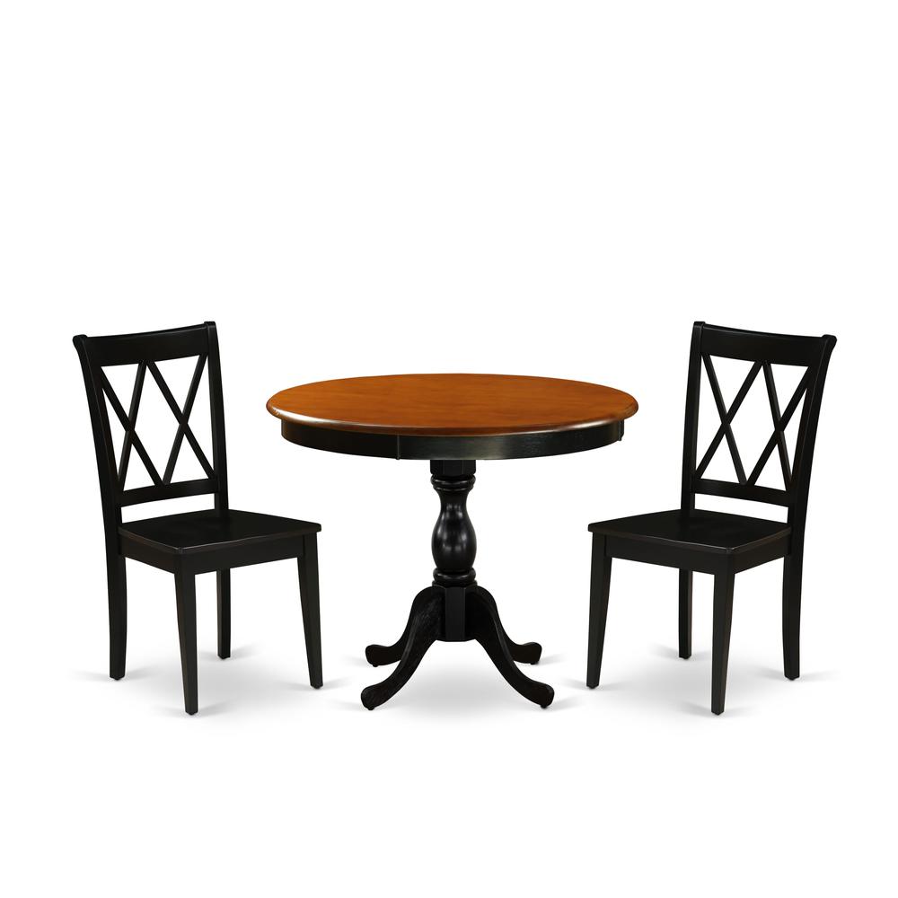 East West Furniture 3-Piece Dinning Room Set Contains a Wooden Table and 2 Wooden Dining Chairs with Double-X Back - Black Finish