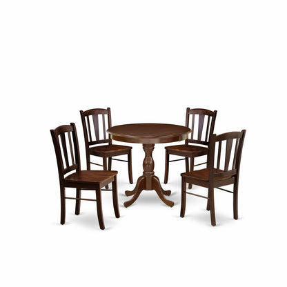 AMDL5-MAH-W - 5-Piece Modern Dining Set- 4 Dining Chair and Wood Dining Table - Wooden Seat and Slatted Chair Back - Mahogany Finish