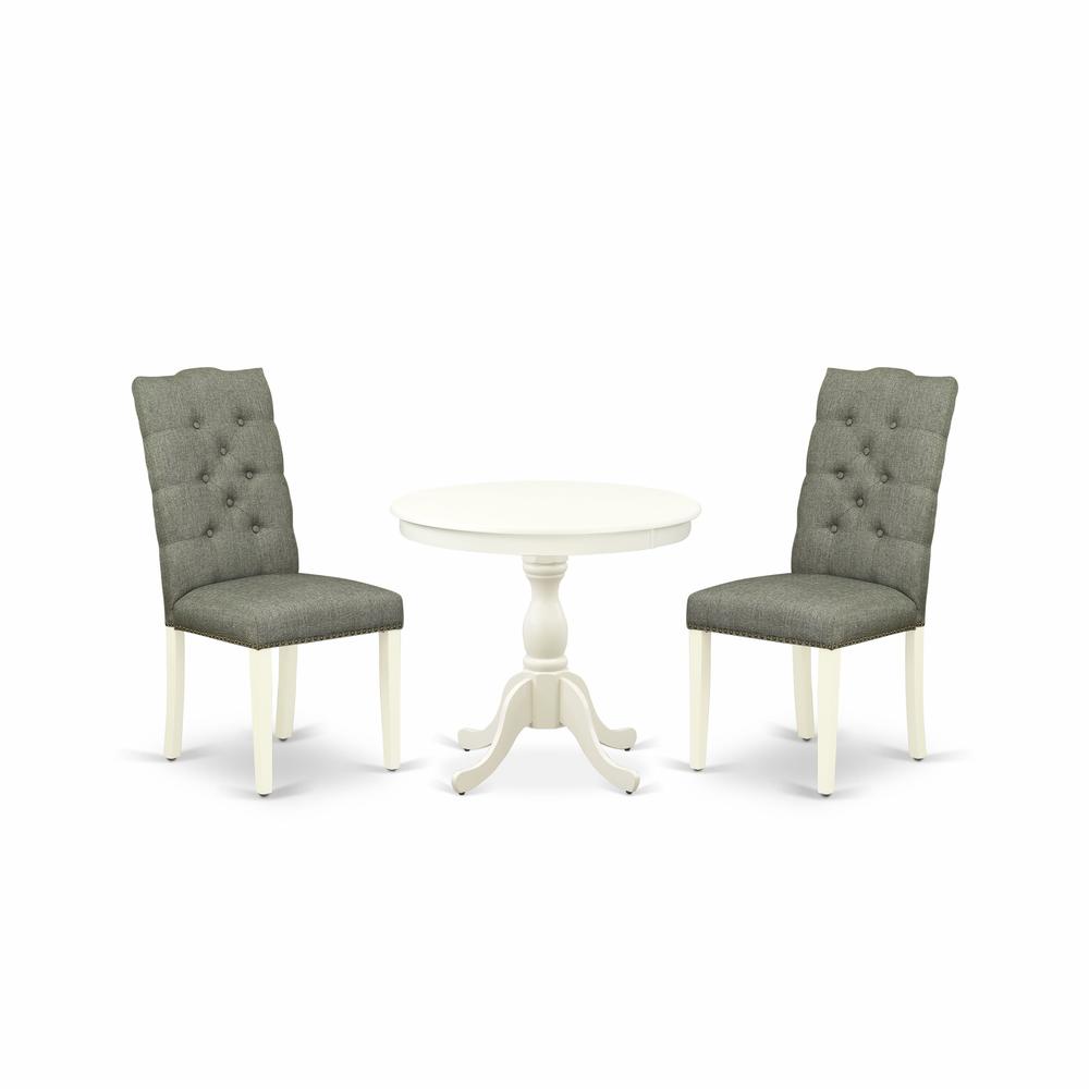 AMEL3-LWH-07 3 Piece Dining Set - 1 Round Pedestal Table and 2 Smoke Dining Room Chairs - Linen White Finish