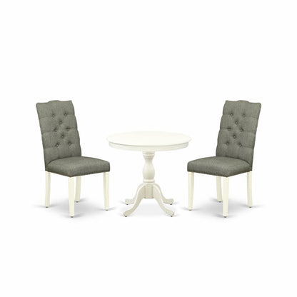 AMEL3-LWH-07 3 Piece Dining Set - 1 Round Pedestal Table and 2 Smoke Dining Room Chairs - Linen White Finish