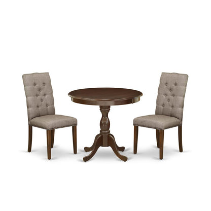 AMEL3-MAH-16 3 Piece Dining Table Set - 1 Dinner Table and 2 Dark Khaki Upholstered Chairs - Mahogany Finish