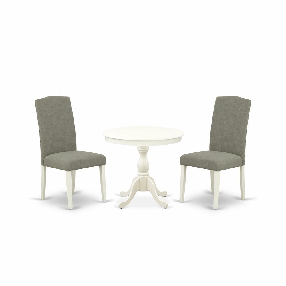 AMEN3-LWH-06 3 Piece Dining Set - 1 Pedestal Table and 2 Dark Shitake Dining Room Chair - Linen White Finish