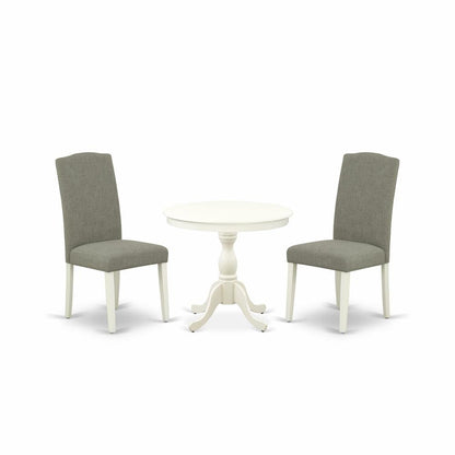 AMEN3-LWH-06 3 Piece Dining Set - 1 Pedestal Table and 2 Dark Shitake Dining Room Chair - Linen White Finish