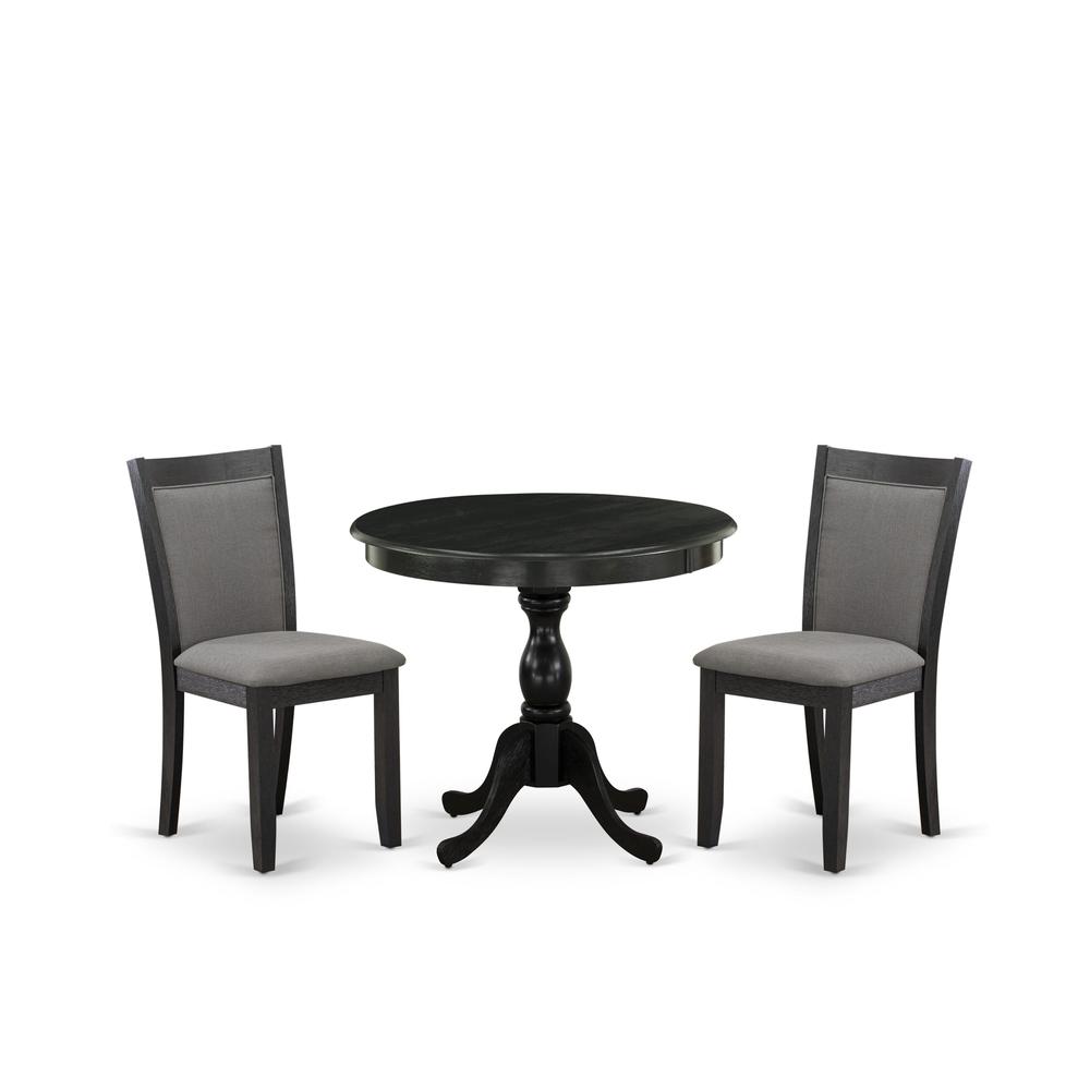 East West Furniture 3-Piece Dining Set Consists of a Round Pedestal Table with Drop Leaves and 2 Dark Gotham Grey Linen Fabric Dining Chairs - Wire Brushed Black Finish