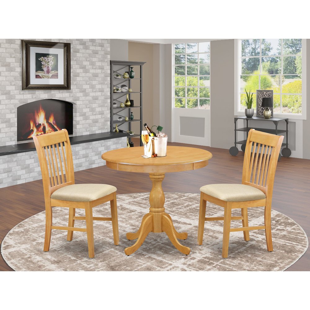 East West Furniture 3 Piece Dining Room Set Consists of 1 Wooden Dining Table and 2 Oak Linen Fabric Dining Room Chairs with Slatted Back - Oak Finish