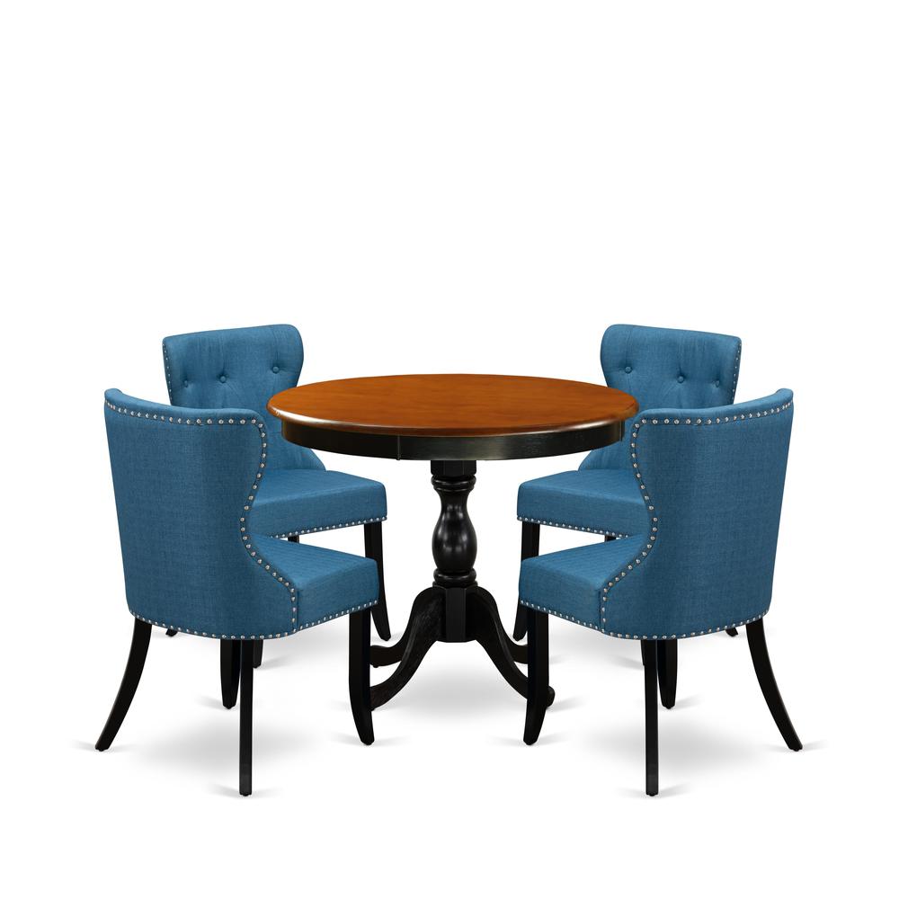 East West Furniture 5-Piece Dining Table Set Contains a Mid Century Dining Table and 4 Blue Linen Fabric Midcentury Modern Dining Chairs with Button Tufted Back - Black Finish