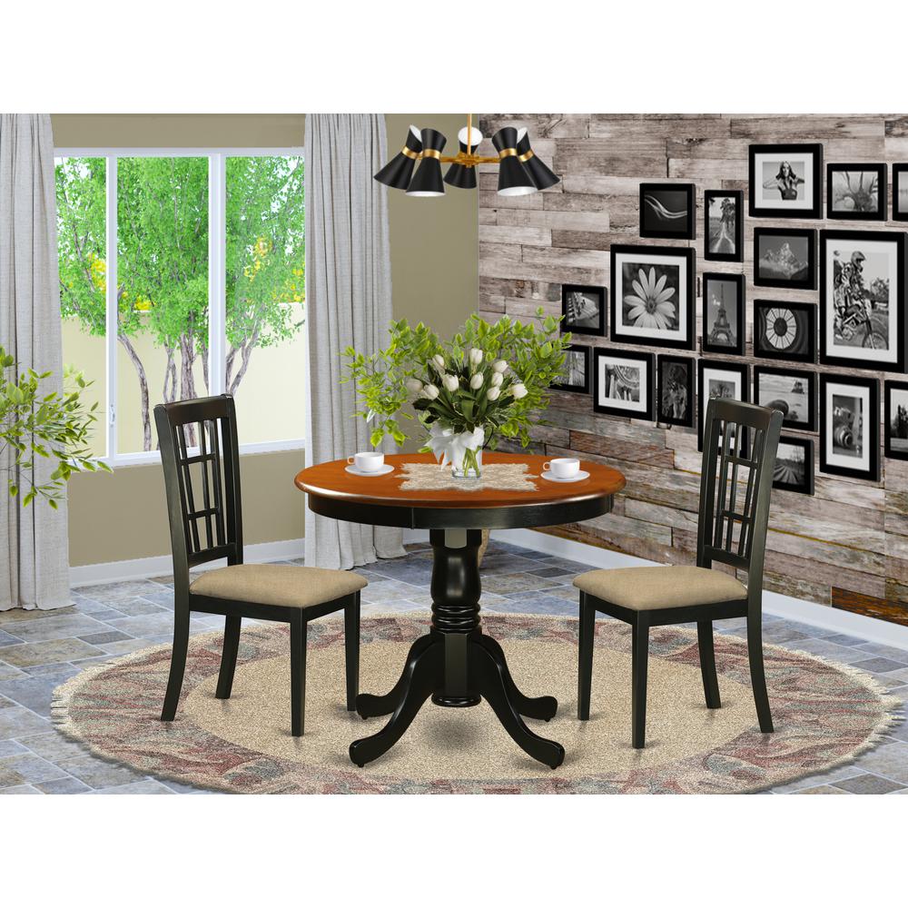 ANNI3-BLK-C 3 PC Dining Table with 2 Linen Chairs in Black and Cherry