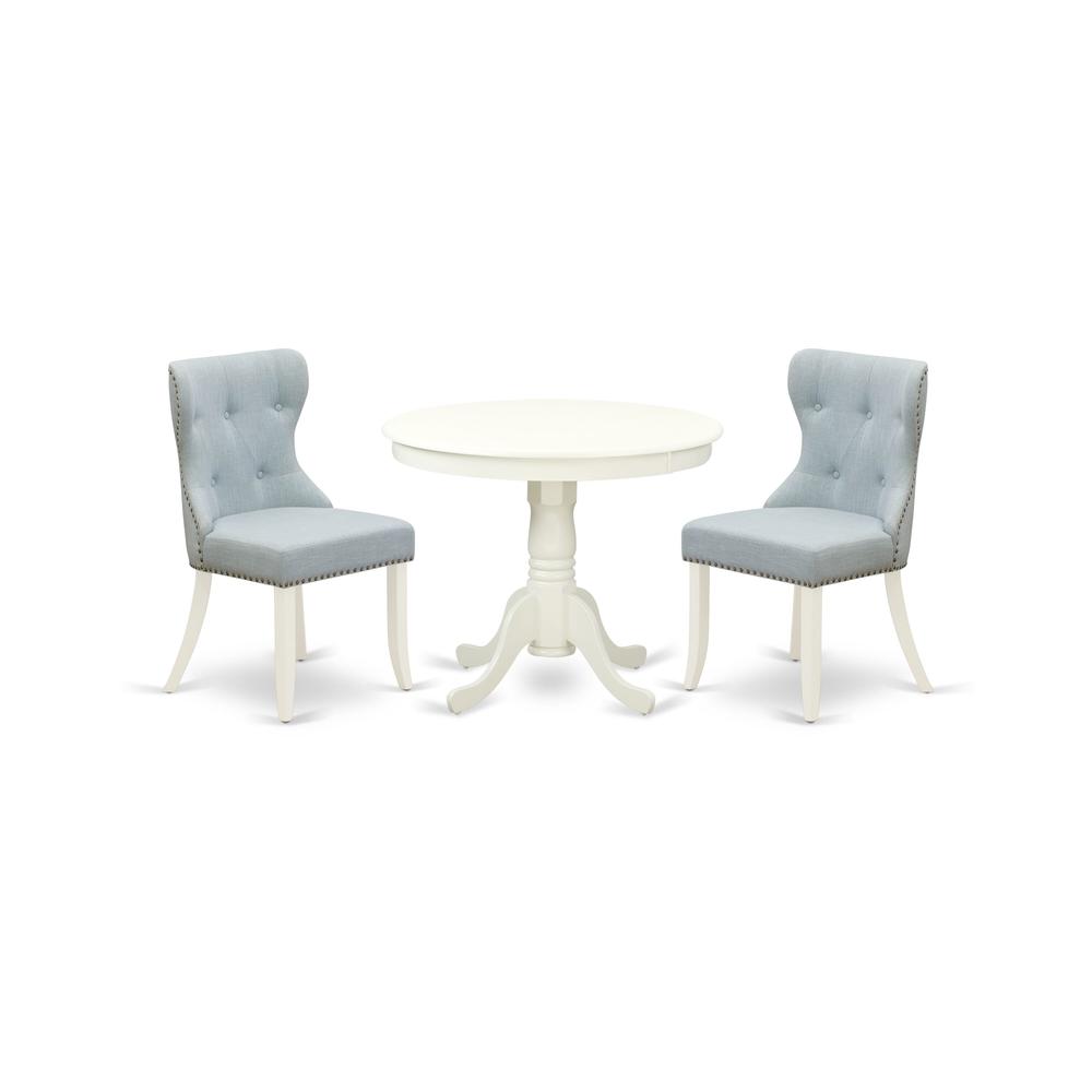 ANSI3-LWH-15 - A dining set of 2 fantastic indoor dining chairs with Linen Fabric Baby Blue color and a gorgeous 36-Inch Antique modern dining table with Linen White color