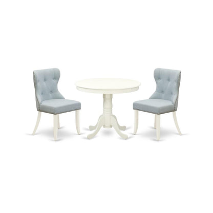 ANSI3-LWH-15 - A dining set of 2 fantastic indoor dining chairs with Linen Fabric Baby Blue color and a gorgeous 36-Inch Antique modern dining table with Linen White color