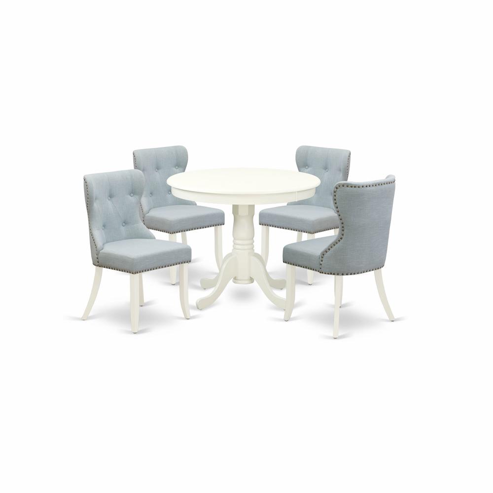 ANSI5-LWH-15 - A dining room table set of 4 wonderful indoor dining chairs with Linen Fabric Baby Blue color and a stunning 36-Inch Round dining table with Linen White color