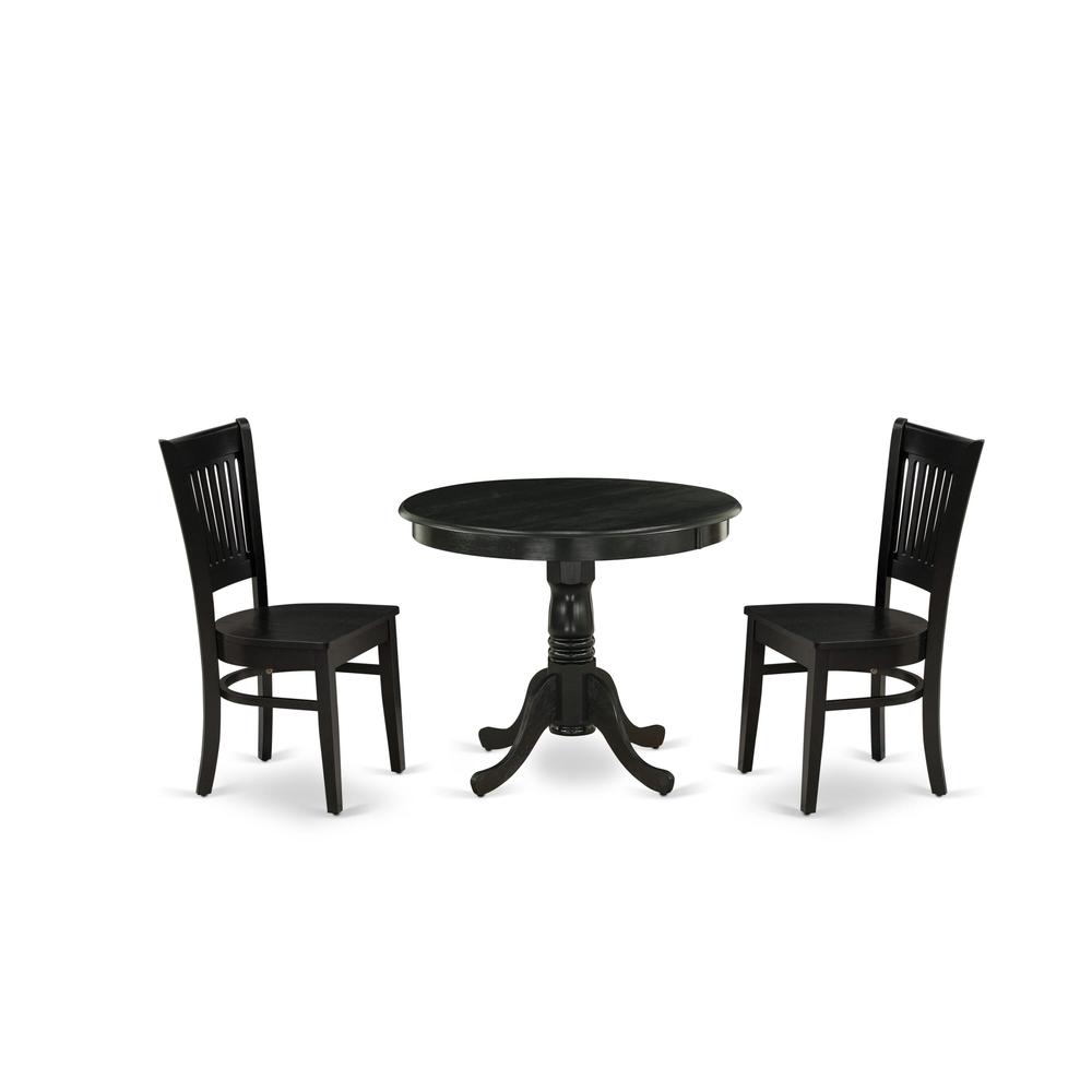East West Furniture 3-Piece Dining Room Set- 2 Kitchen Chair and Modern dining room table - Wooden Seat and Slatted Chair Back (Black Finish)