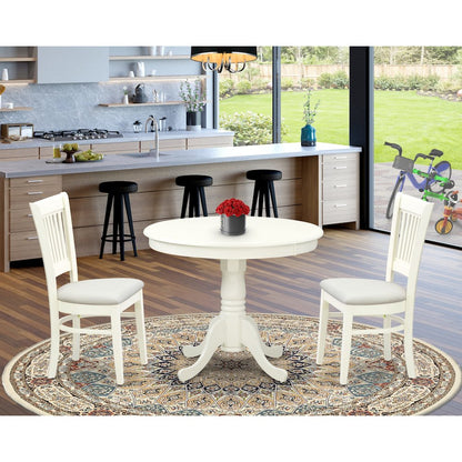 ANVA3-LWH-C - 3-Pc Dining Room Table Set- 2 Wooden Chairs and Round Dining Table - Linen Fabric Seat and Slatted Chair Back (Linen White Finish)