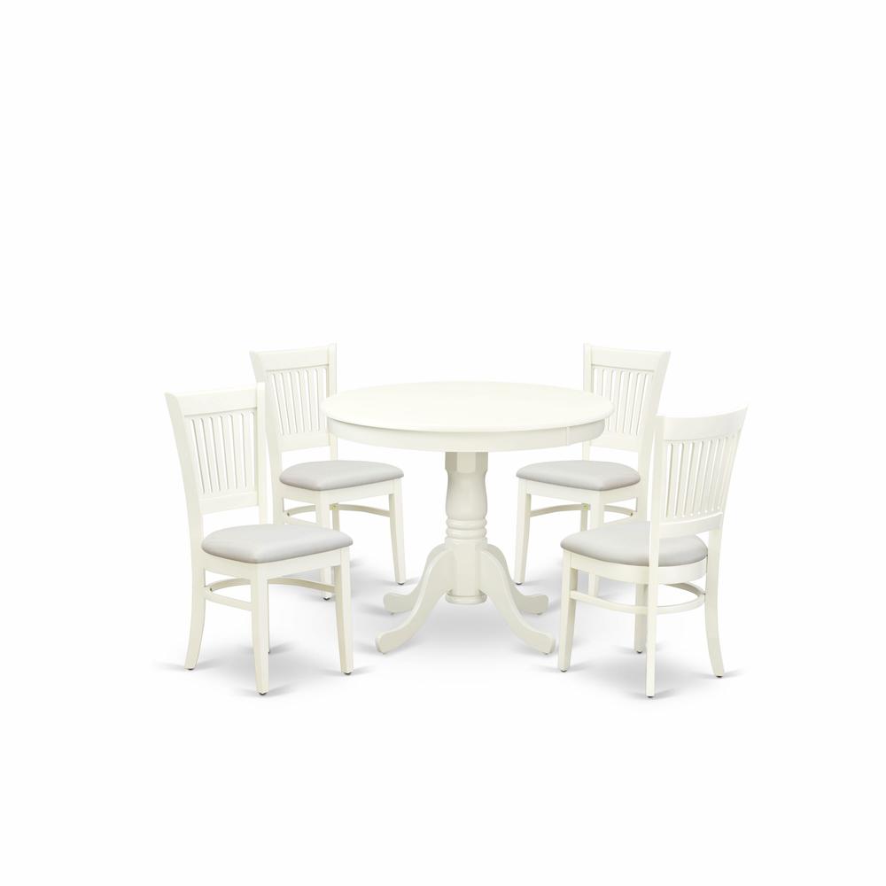 East West Furniture 5-Piece Dining Table Set- 4 dining room chairs and Wooden Dining Table - Linen Fabric Seat and Slatted Chair Back (Linen White Finish)