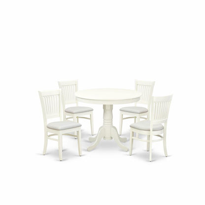 East West Furniture 5-Piece Dining Table Set- 4 dining room chairs and Wooden Dining Table - Linen Fabric Seat and Slatted Chair Back (Linen White Finish)