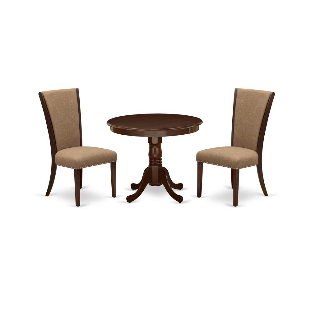 East West Furniture 3 Pc Kitchen Dining Set - 2 Light Sable Linen Fabric Parson Dining Chairs with High Back and 1 Modern Kitchen Table - Mahogany Finish