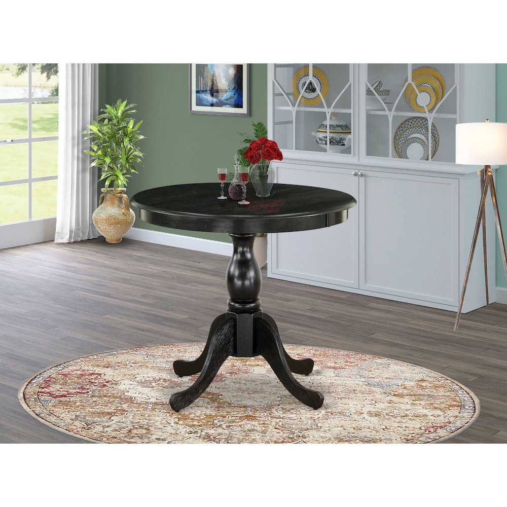 East West Furniture Round Kitchen Table - Black Table Top and Black Pedestal Leg Finish