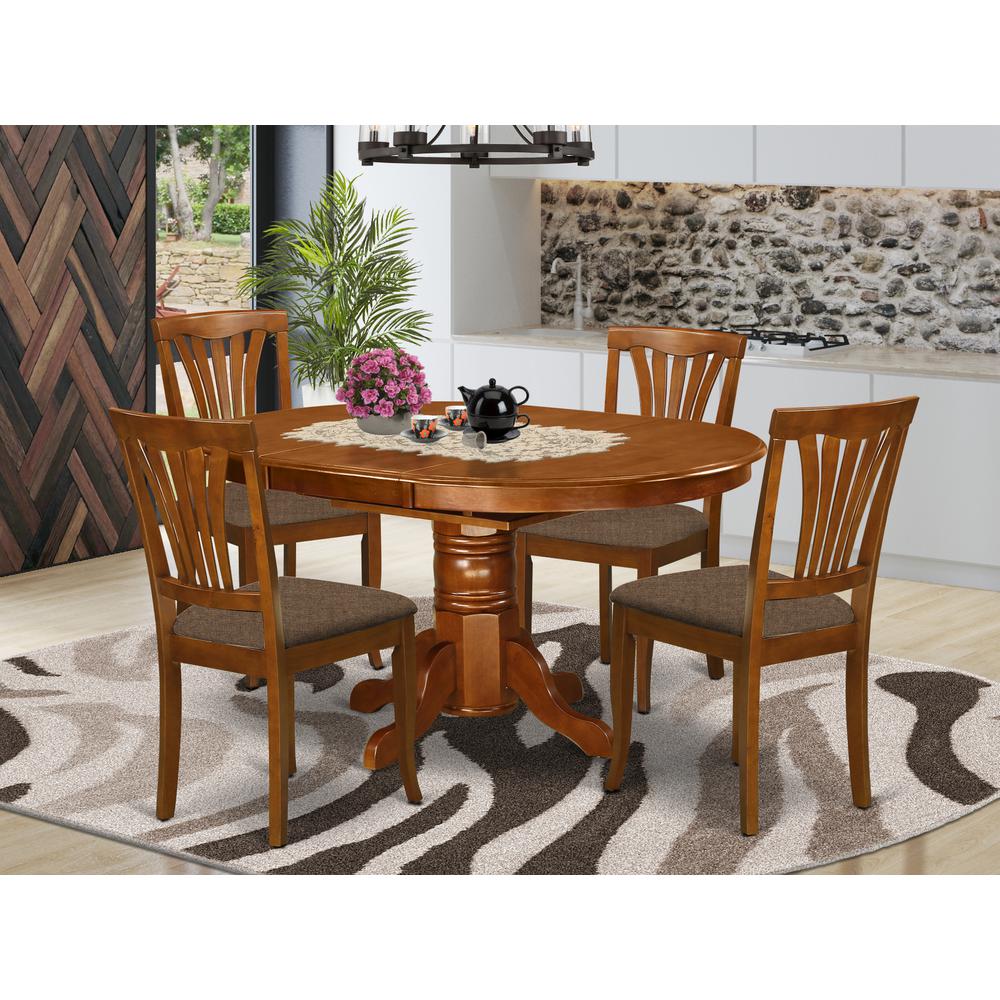 AVON5-SBR-C 5 Pc set Dinette Table featuring Leaf and 4 Fabric Dinette Chairs in Saddle Brown