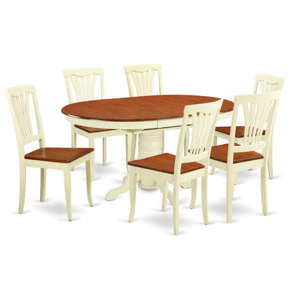 7  Pc  Dinette  Table  with  Leaf  and  6  Wood  Seat  Chairs  in  Buttermilk  and  Cherry.