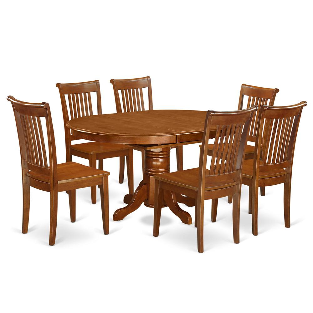7  Pc  set  Avon  Dinette  Table  with  Leaf  and  6  Wood  Kitchen  Chairs  in  Saddle  Brown