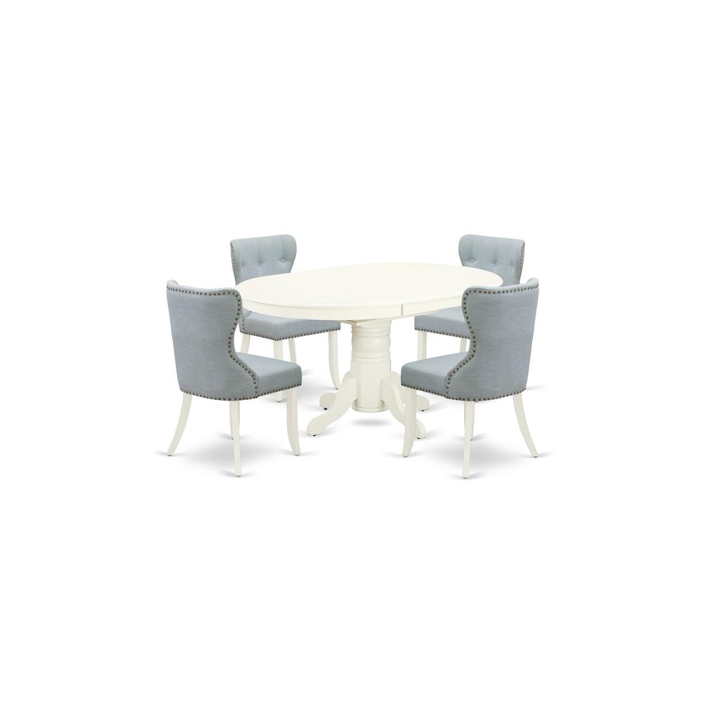 East-West Furniture AVSI5-LWH-15 - A dining room table set of 4 excellent parson chairs with Linen Fabric Baby Blue color and a gorgeous 18" butterfly leaf oval pedestal kitchen table with Linen White