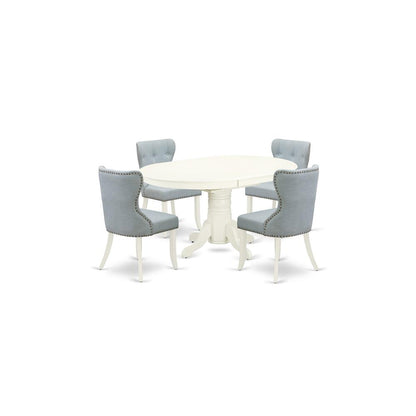 East-West Furniture AVSI5-LWH-15 - A dining room table set of 4 excellent parson chairs with Linen Fabric Baby Blue color and a gorgeous 18" butterfly leaf oval pedestal kitchen table with Linen White