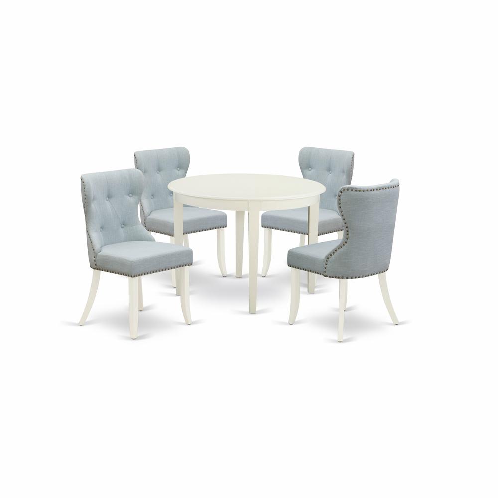 East-West Furniture BOSI5-WHI-15 - A wooden dining table set of 4 wonderful dining room chairs with Linen Fabric Baby Blue color and a gorgeous wooden dining table with Linen White color