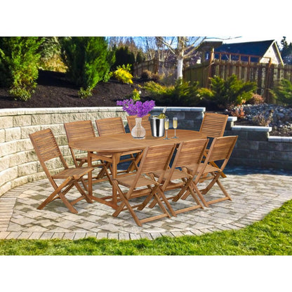 9 Piece Patio Garden Table Set Consist of an Oval Acacia Wood Table