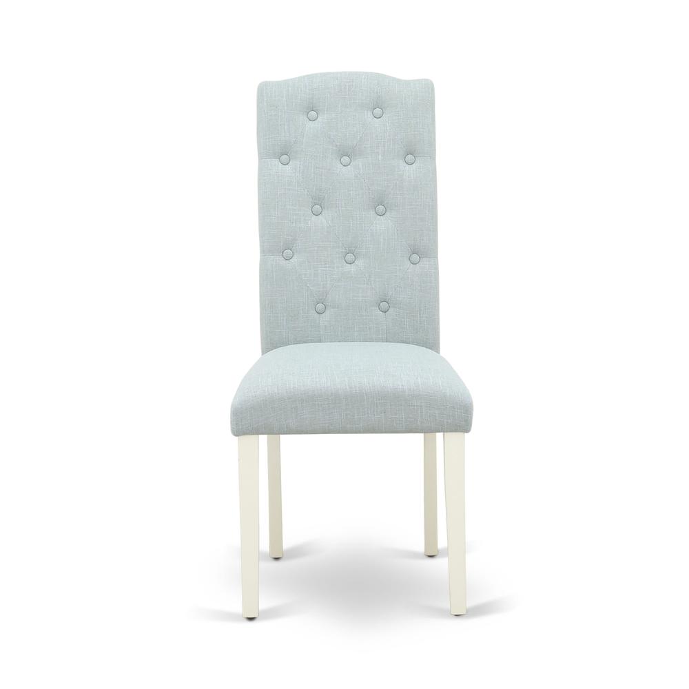1MZCE5-LWH-15 5Pc Dinette Sets for Small Spaces Includes a Small Kitchen Table and 4 Parson Chairs with Baby Blue Color Linen Fabric, Drop Leaf Table with Full Back Chairs, Linen White Finish